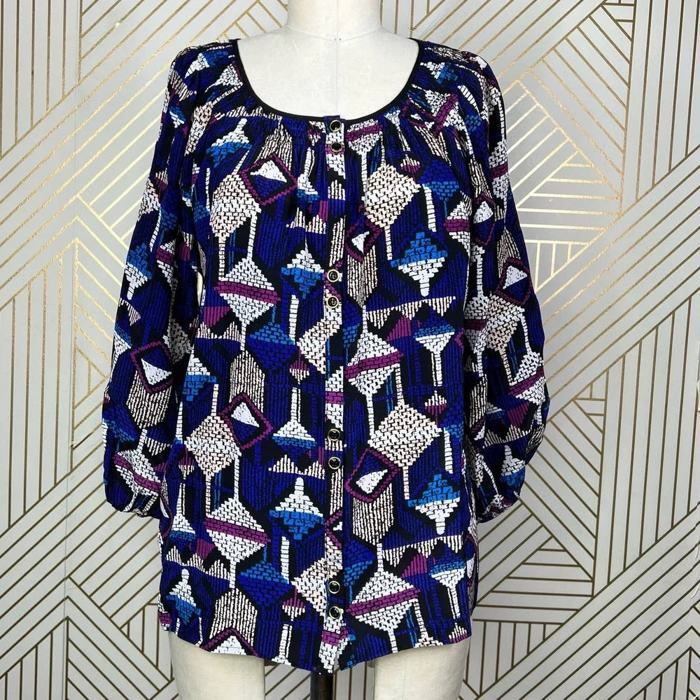 Yumi Kim Isi Geometric Smocked Button Front Printed Blouse Print Size US Medium‎